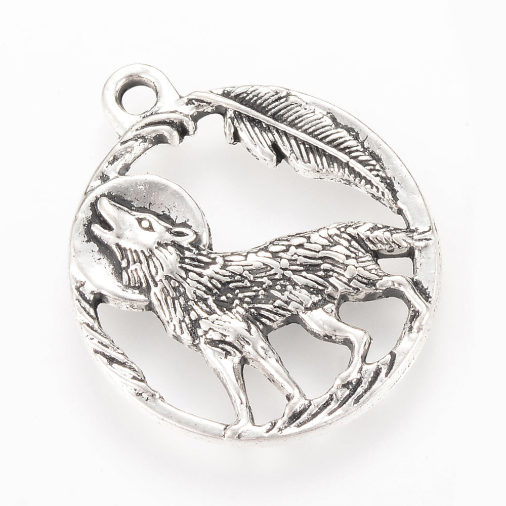 Howling Wolf & Moon Pendant Antique Silver 25x21.5x2mm - Pack of 100