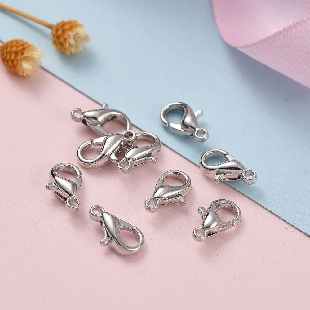 Platinum Tone Lobser Clasps 10 mm x 6 mm, Hole: 1.0 mm - Pack of 50