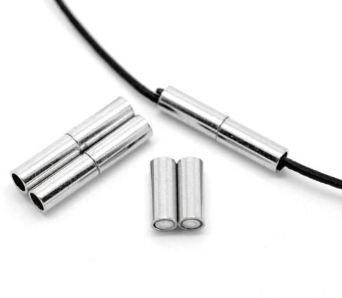 Silver Tone Copper Barrel Magnetic Cord Clasps 18x4mm (3mm Hole)