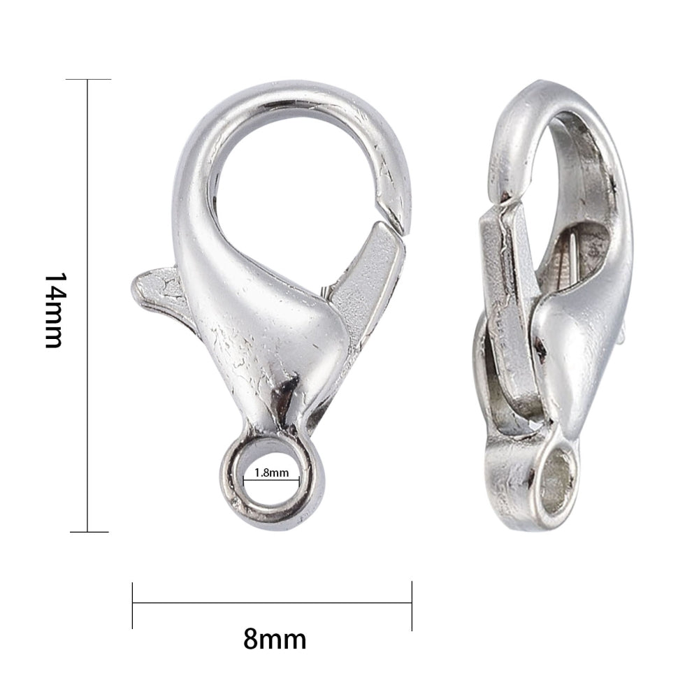Platinum Tone Lobser Clasps 14 mm x 8 mm, Hole: 1.8 mm - Pack of 100