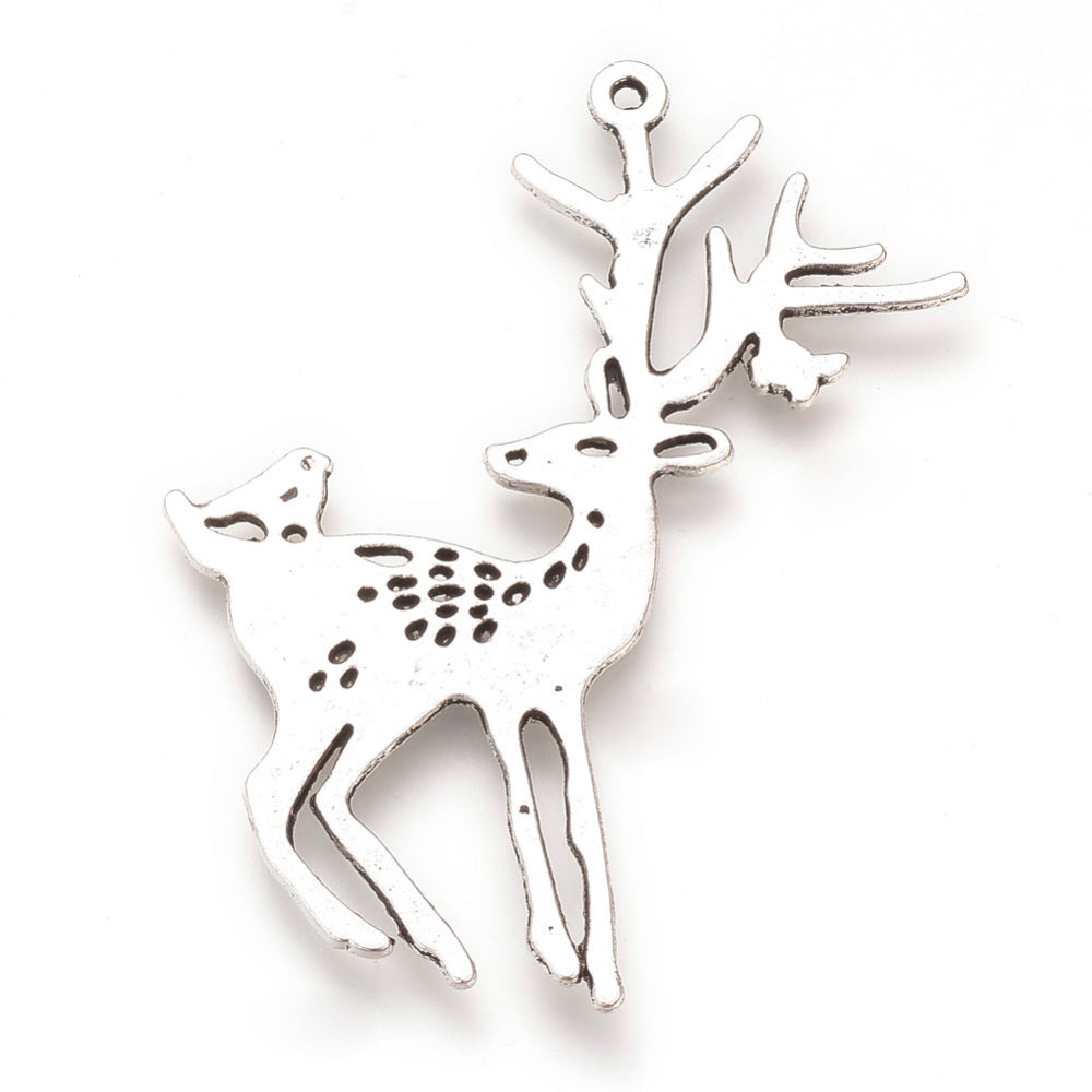 Large Antique Silver Stag Charms 60x47x2mm (2mm Hole) - Pack of 2