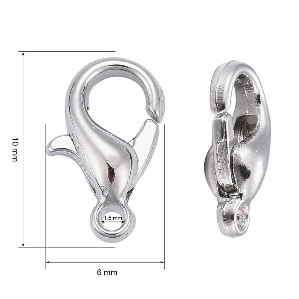 Platinum Tone Lobser Clasps 10 mm x 6 mm, Hole: 1.0 mm - Pack of 50