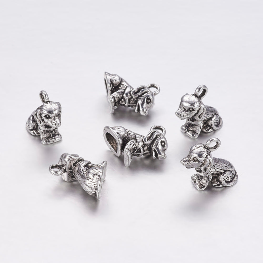 3D Puppy Dog Charms Antique Silver 13x10x7mm Nickel Free - Pack of 20