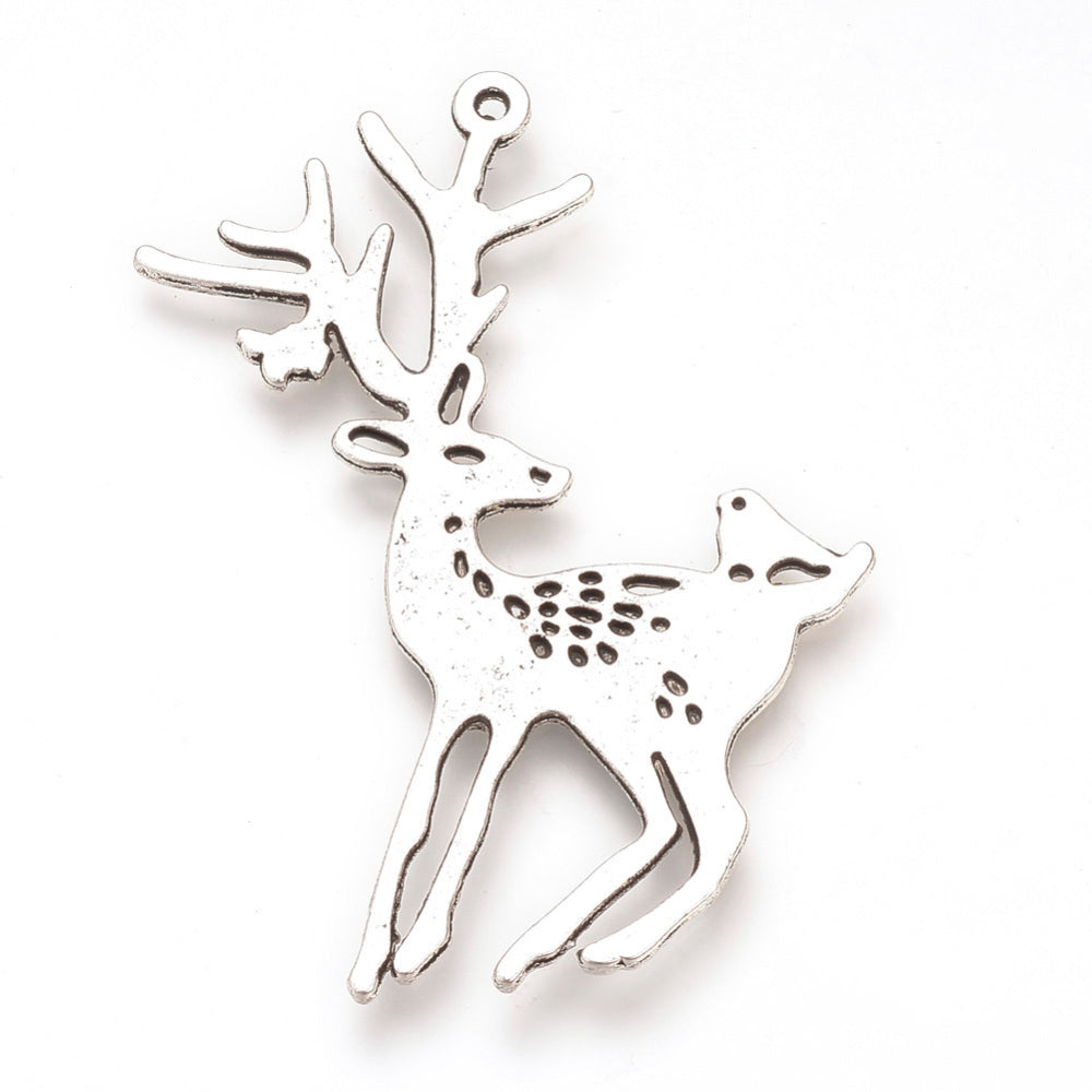 Large Antique Silver Stag Charms 60x47x2mm (2mm Hole) - Pack of 2