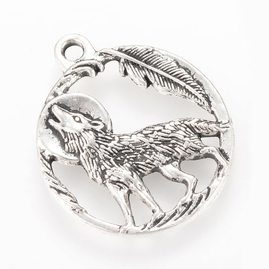Howling Wolf & Moon Pendant Antique Silver 25x21.5x2mm - Pack of 100