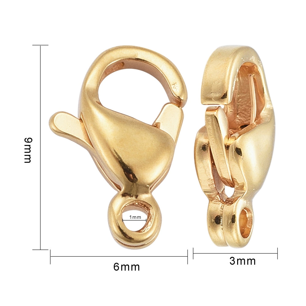 24ct Gold Plated 304 Stainless Steel Lobster Clasps 9x6x3mm - Pack of 10