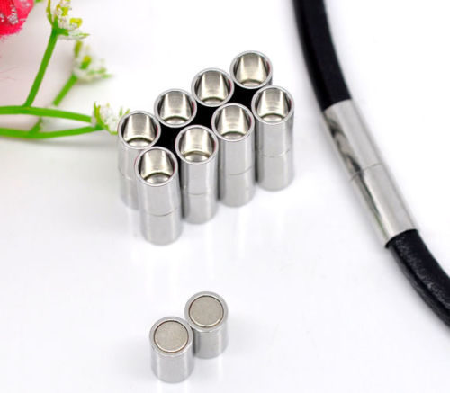 Silver Tone Copper Barrel Magnetic Clasps 20 x 5 mm (4mm Hole) - Pack of 5