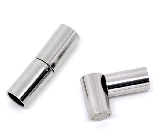 Silver Tone Copper Barrel Magnetic Clasps 20 x 5 mm (4mm Hole) - Pack of 5