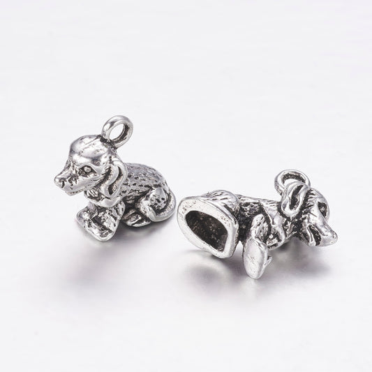 3D Puppy Dog Charms Antique Silver 13x10x7mm Nickel Free - Pack of 20