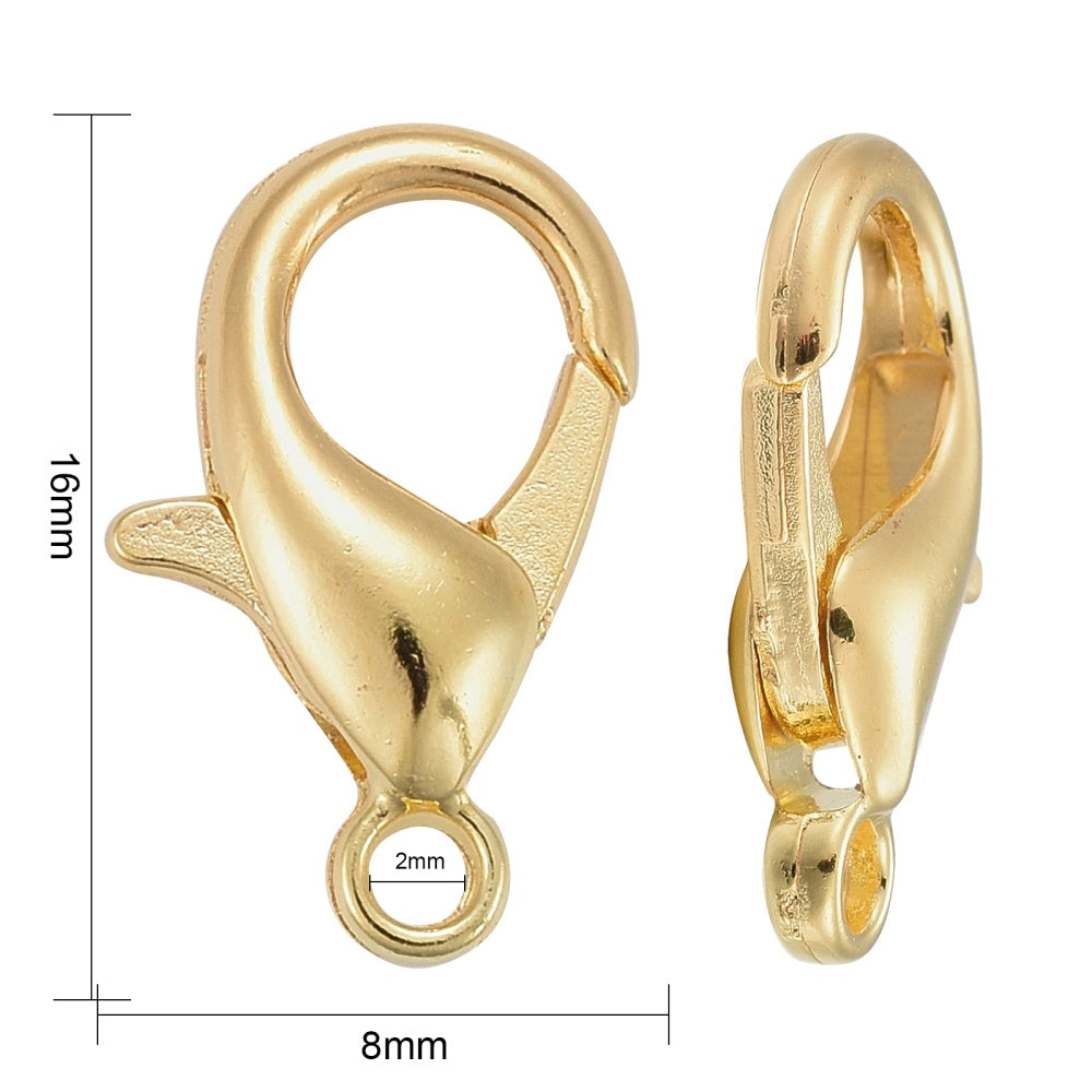 Golden Tone Lobster Clasp 16 mm x 8 mm, Hole 2mm - Pack of 50
