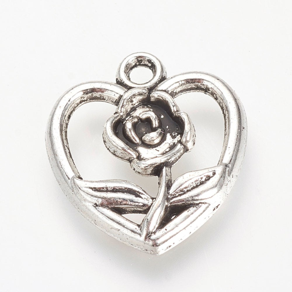 Heart and Rose Charms 17.5x16x2.5mm (2mm Hole) - Pack of 50