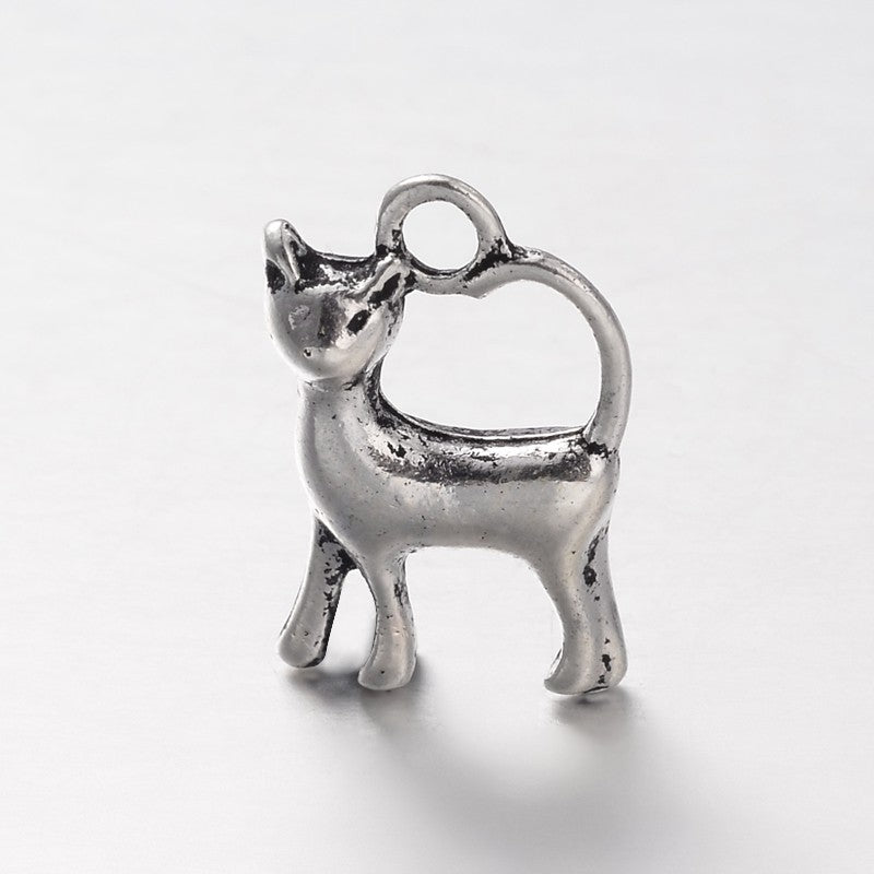 3D Cat Charms Antique Silver 17x11x3mm Nickel Free - Pack of 50