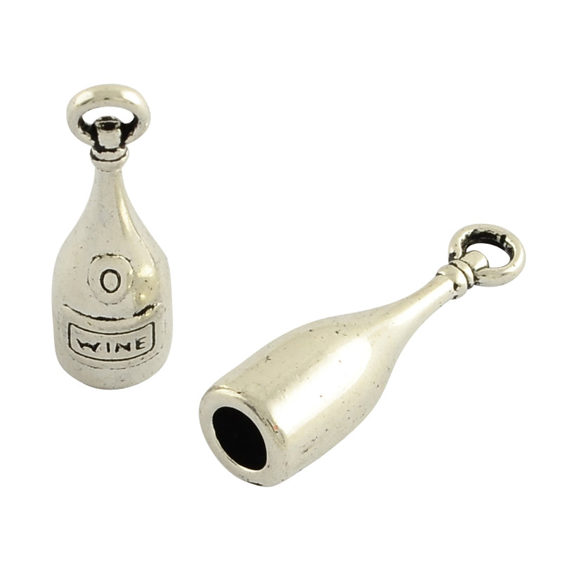 3D Wine Bottle Charms Antique Silver 28x8mm Nickel Free - Pack of 20