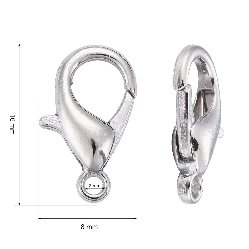 Platinum Tone Lobster Clasps 16 mm x 8 mm, Hole: 2mm - Pack of 100