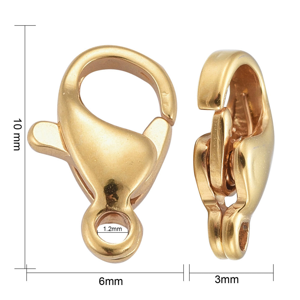 24ct Gold Plated 304 Stainless Steel Lobster Clasp 10x6x3mm - Pack of 10