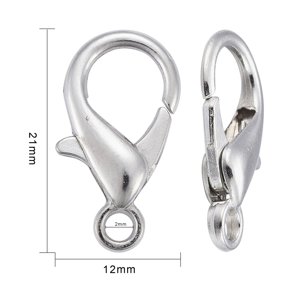 Platinum Tone Lobster Clasps 21 mm x 12 mm, Hole: 2mm - Pack of 20