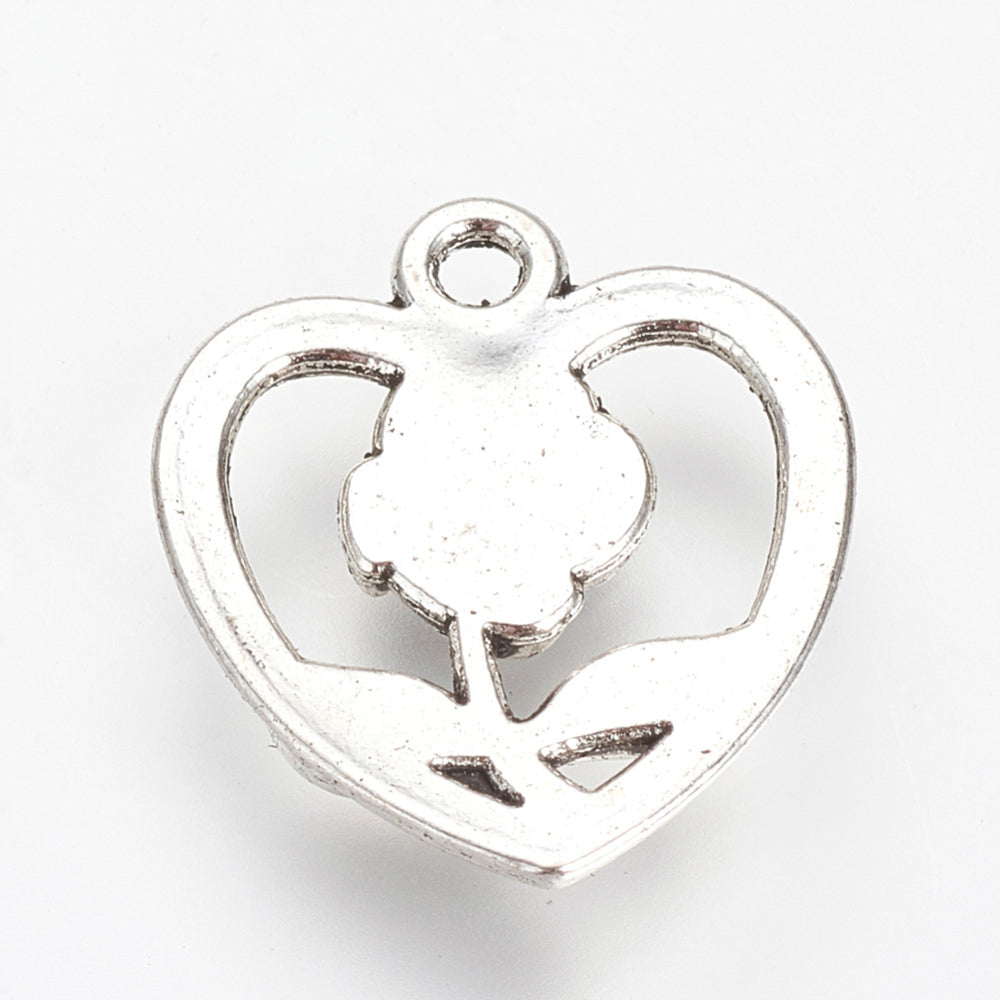 Heart and Rose Charms 17.5x16x2.5mm (2mm Hole) - Pack of 50