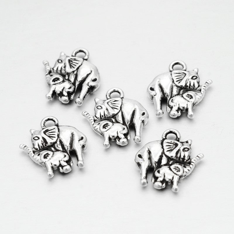 Elephant and Baby Charms Antique Silver 15x15x2.5mm - Pack of 20