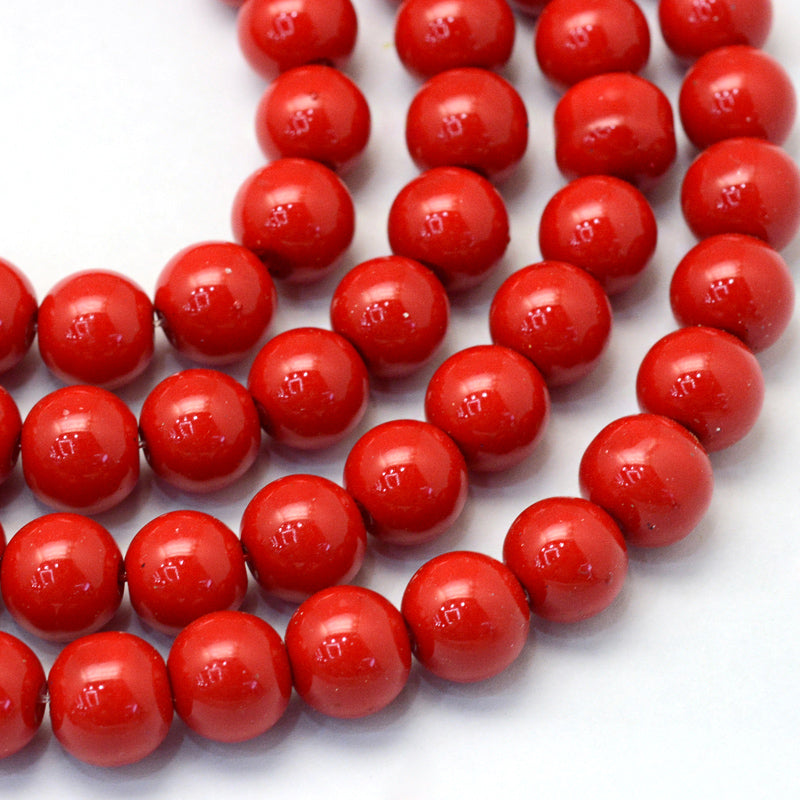 Glass Pearl Beads 8mm (1.0mm Hole) Red - One Strand of Approx 105 Beads