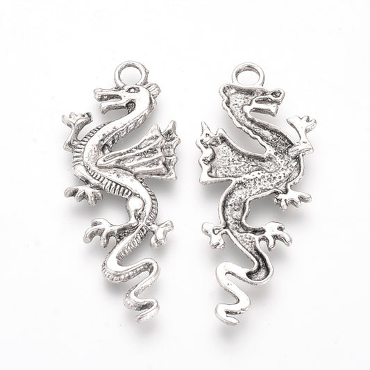 Large Dragon Charms (Sngl Side) Antique Silver 48x20x2mm - Pack of 10